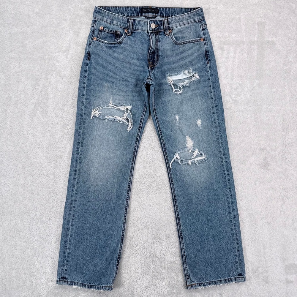 Aeropostale Low Rise Baggy Jeans Womens 6 Reg Blue Distressed Straight Leg Denim